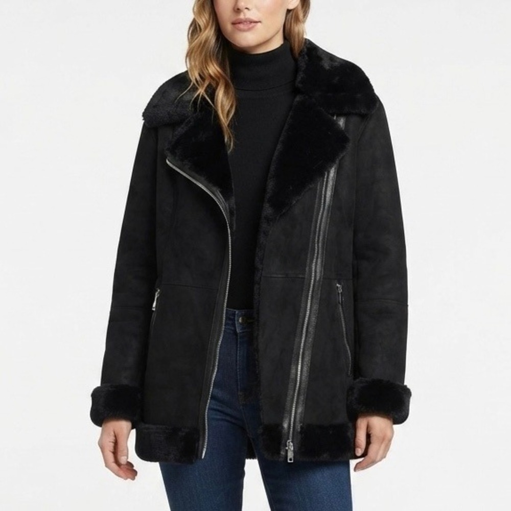 Wilsons Leather Giovanna Suede Asymmetrical Jacket Black Women Size XXL Faux Fur